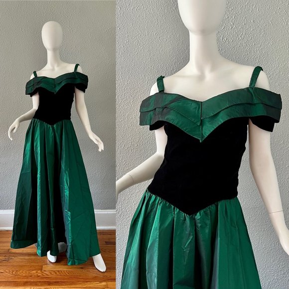 Vintage 80s Green Velvet Off-Shoulder Taffeta Full Sweep Prom Maxi Dress XS/S